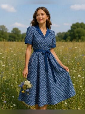 Vintage Marion Donaldson Shirtwaist Dress UK 10 Blue Floral